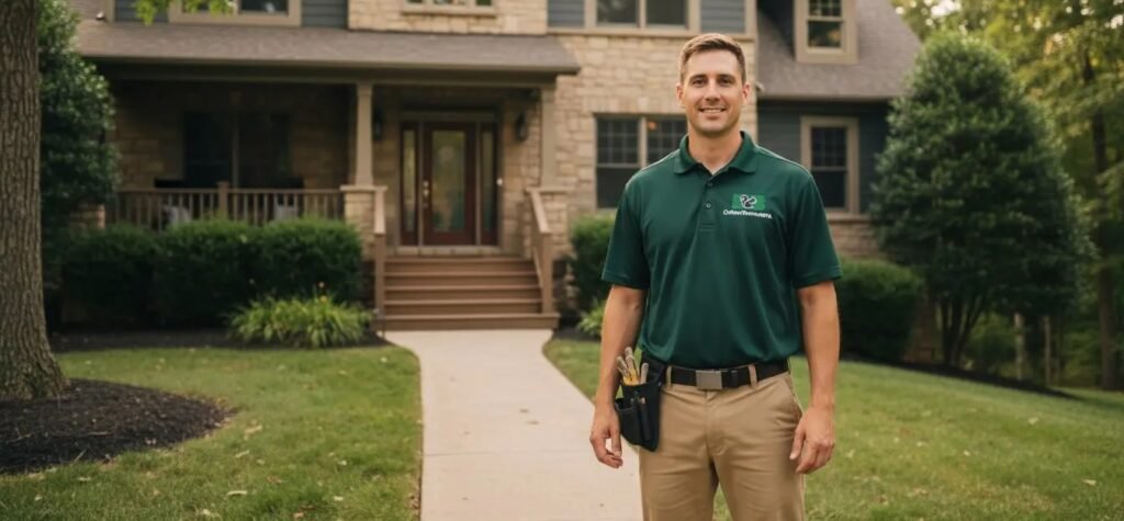A man in a green shirt with a logo and tool belt stands in front of a house, possibly for wildlife removal services.