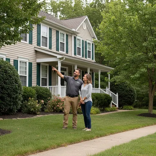 A man points to a home while speaking with a woman, possibly discussing wildlife removal. Lush lawn and trees surround the...