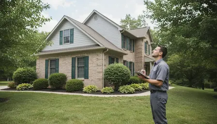 Home inspector looking up at a house, taking notes on a tablet.