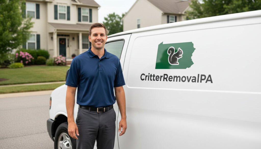 Man standing next to a white van with a "Critter Removal PA" logo, smiling in front of a house.
