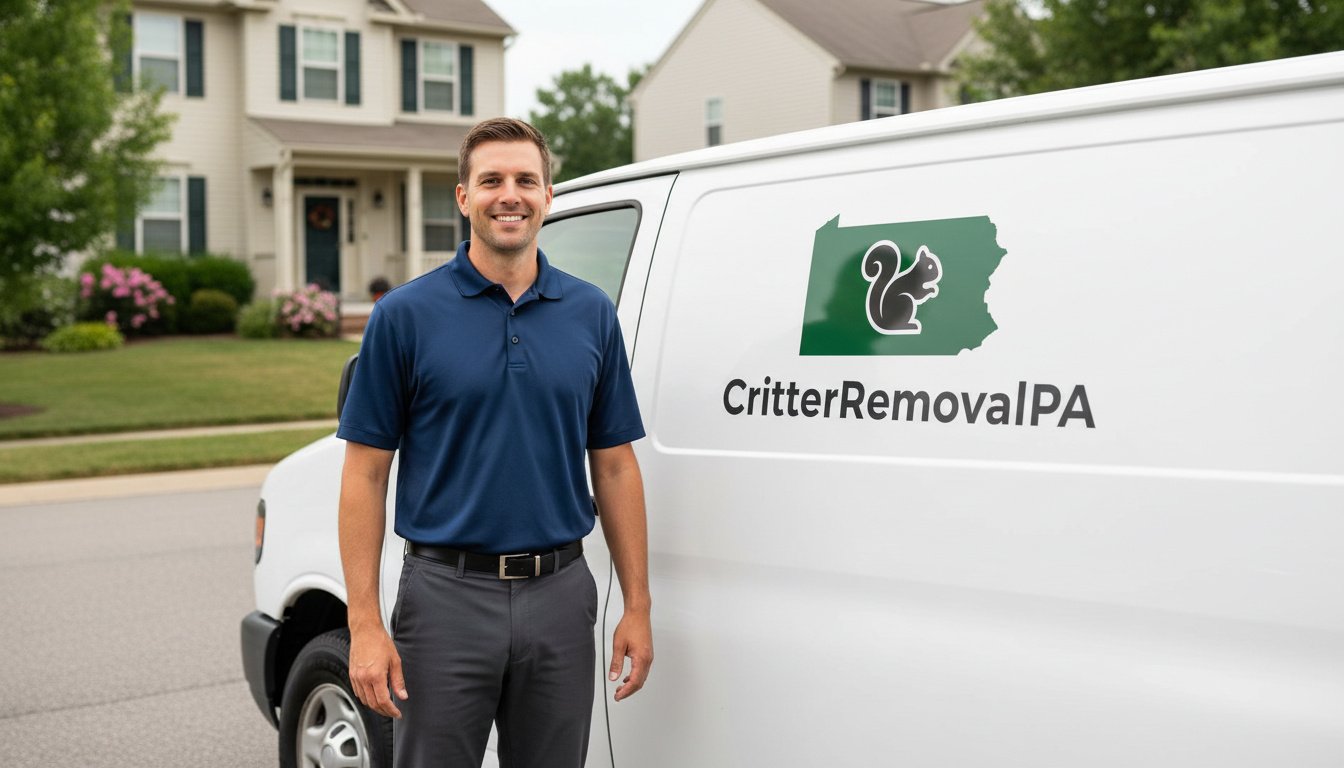 Man standing next to a white van with a "Critter Removal PA" logo, smiling in front of a house.