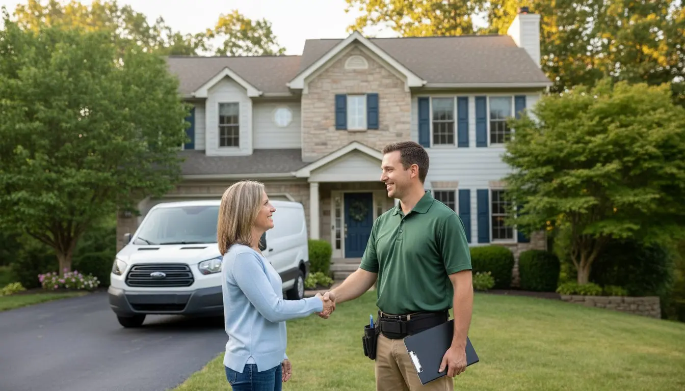 A homeowner shakes hands with a technician in front of a house, van, and trees.