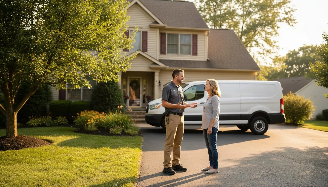 A service technician talking to a woman in front of her house, a white van is parked nearby.