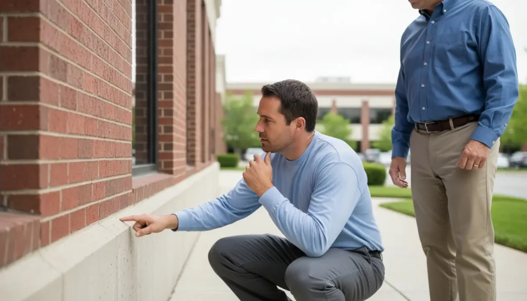 Two men examine the exterior of a brick building. One points at a concrete foundation, the other stands nearby.