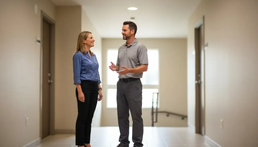 A man and woman talking in a bright hallway, both smiling and looking at each other.