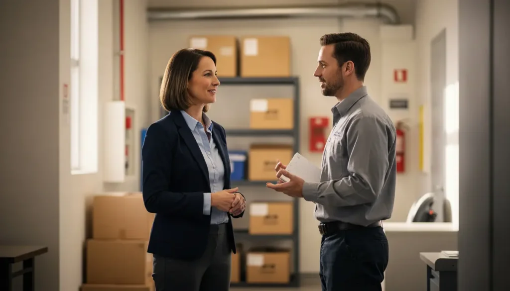 Woman in a suit and man in work uniform converse in a warehouse setting, surrounded by boxes and shelves.