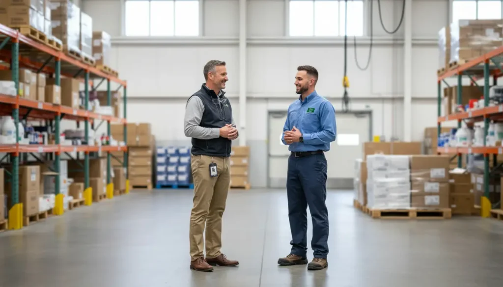 Two men in a warehouse, likely discussing business, standing between rows of shelves filled with boxes.
