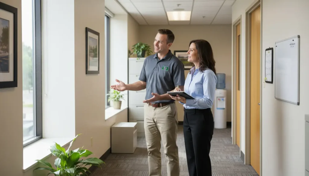 A man and woman discussing in an office hallway; the man gesturing towards a window, the woman holding a tablet.