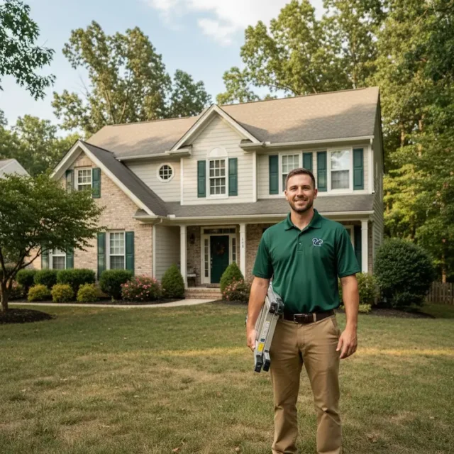 Man in green polo stands in front of a house, holding a ladder.
