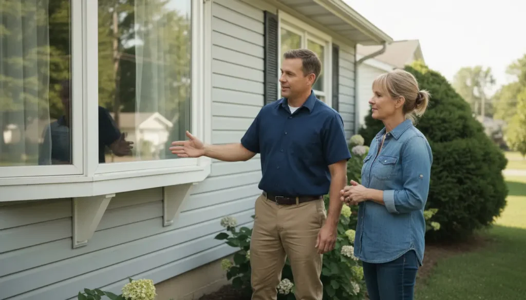 A man points to a bay window as he speaks to a woman, standing outside a light blue home.