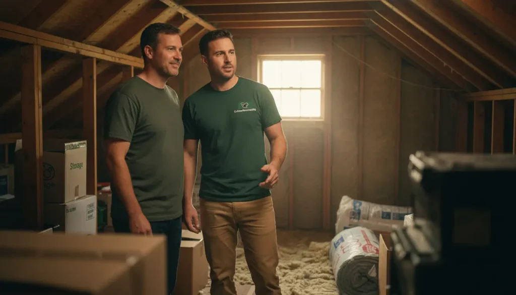 Two men in an unfinished attic, one wearing a green shirt with a logo, looking at the space.