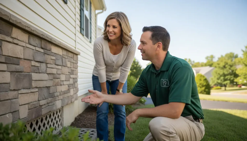 A pest control technician pointing to a home's foundation while speaking with a woman.