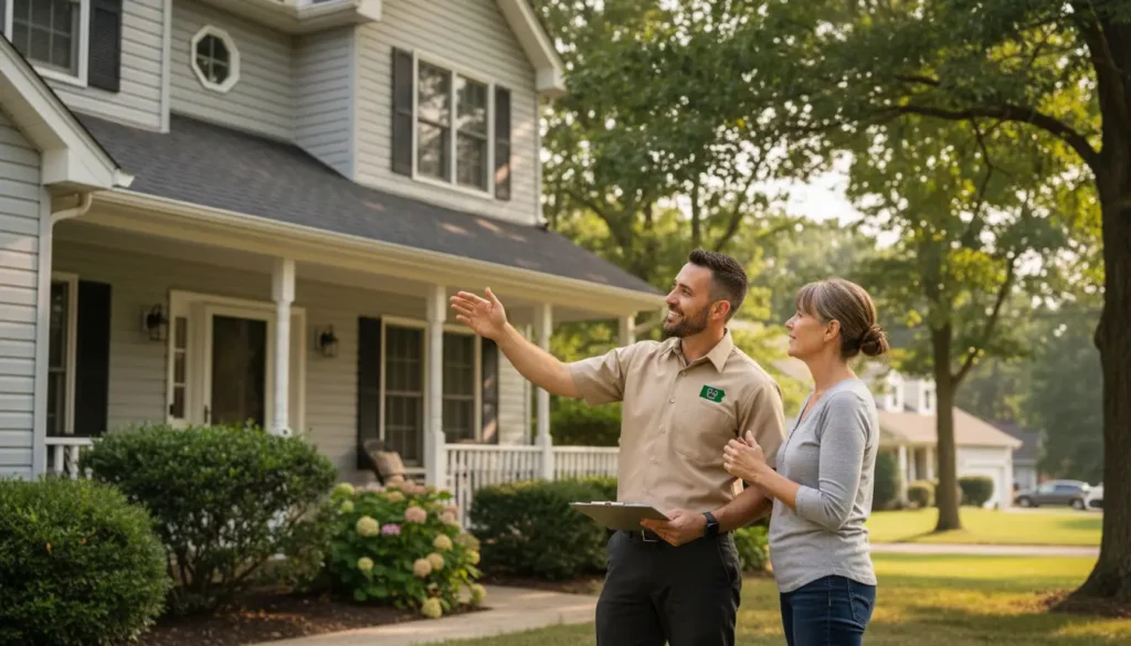 A home inspector points at a house while explaining something to a woman. They are standing on the lawn.