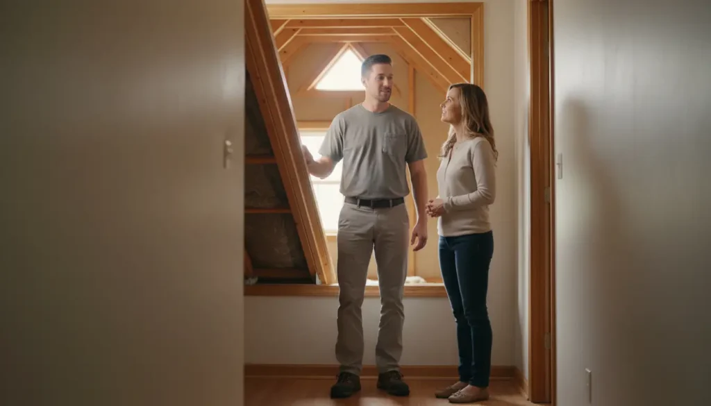 Man and woman in a new home, looking at unfinished attic space. Home renovation concept.